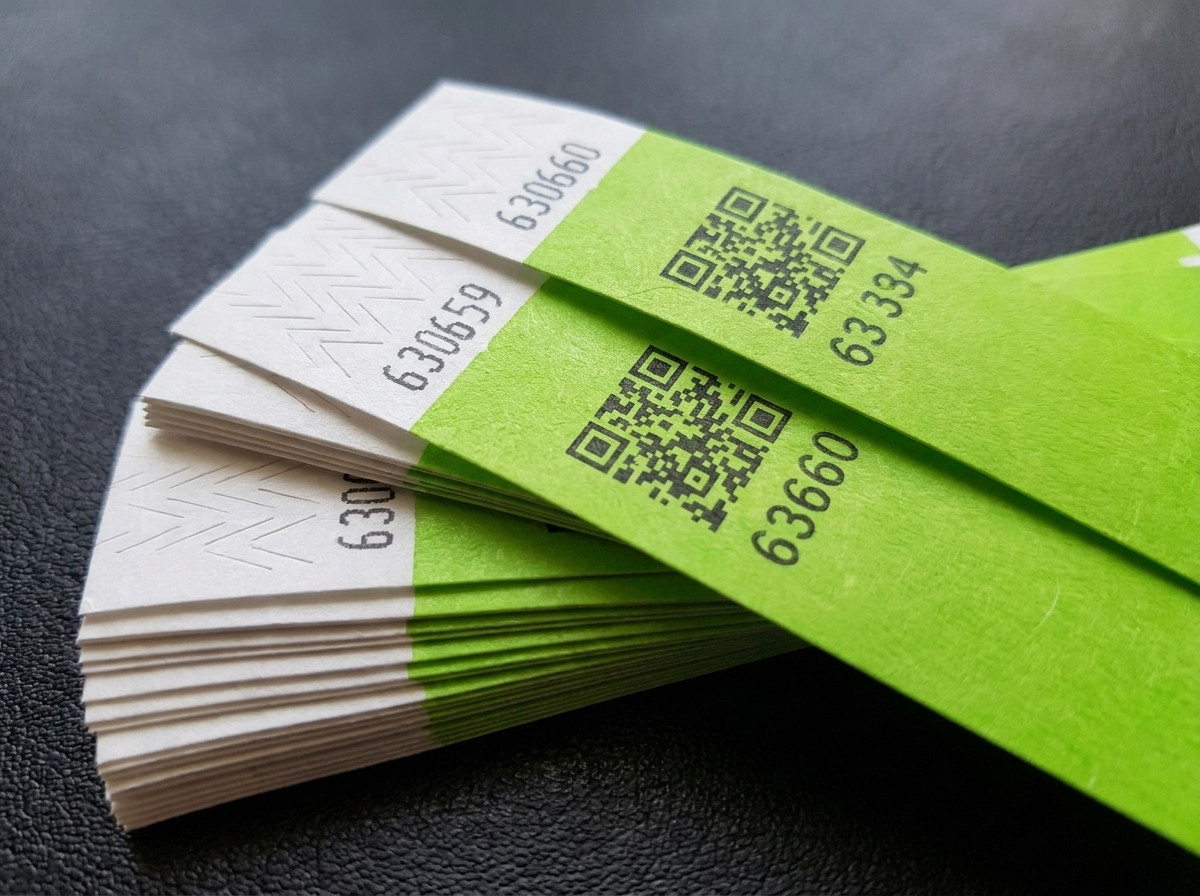 Pile de bracelets en Tyvek personnalisés avec QR code et numérotation séquentielle, fermeture anti-transfert visible