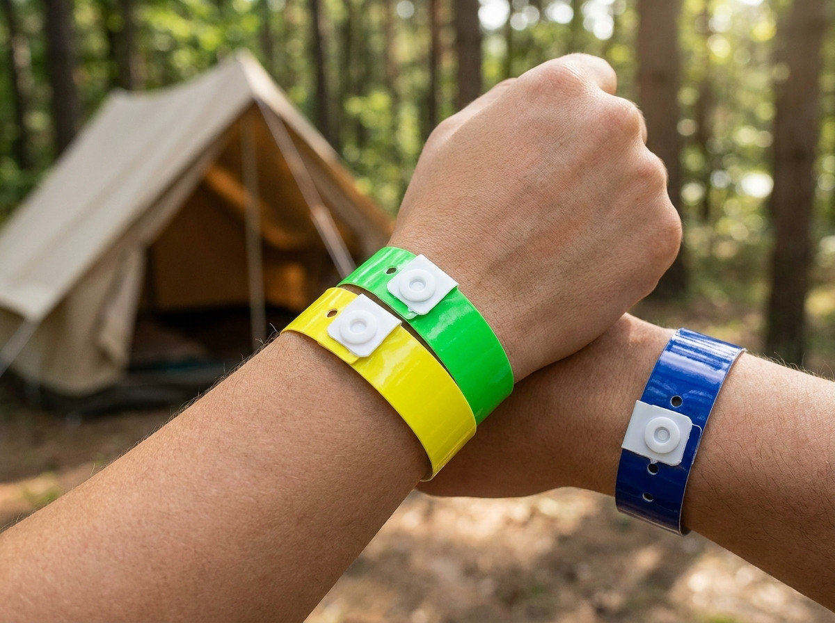 Bracelets camping colorés en Tyvek portés par des campeurs à l'entrée d'une piscine extérieure ensoleillée