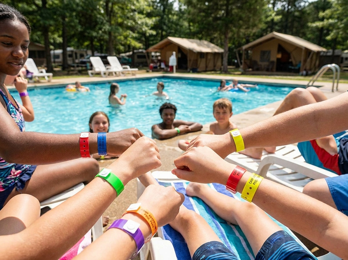 Bracelets vinyle colorés portés par des campeurs au bord d'une piscine de camping en plein air