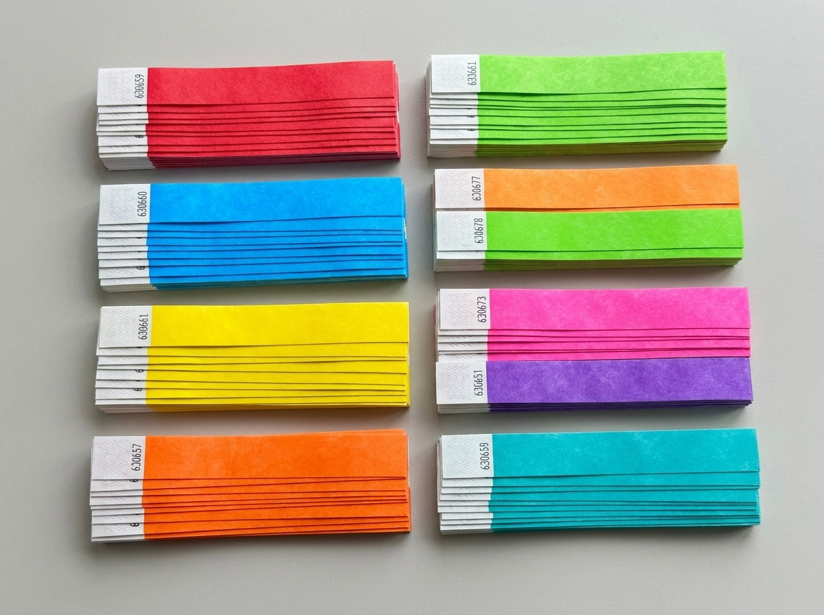 Bracelets Tyvek colorés pour festival multi-scènes, empilés par couleur représentant chaque scène et chaque jour