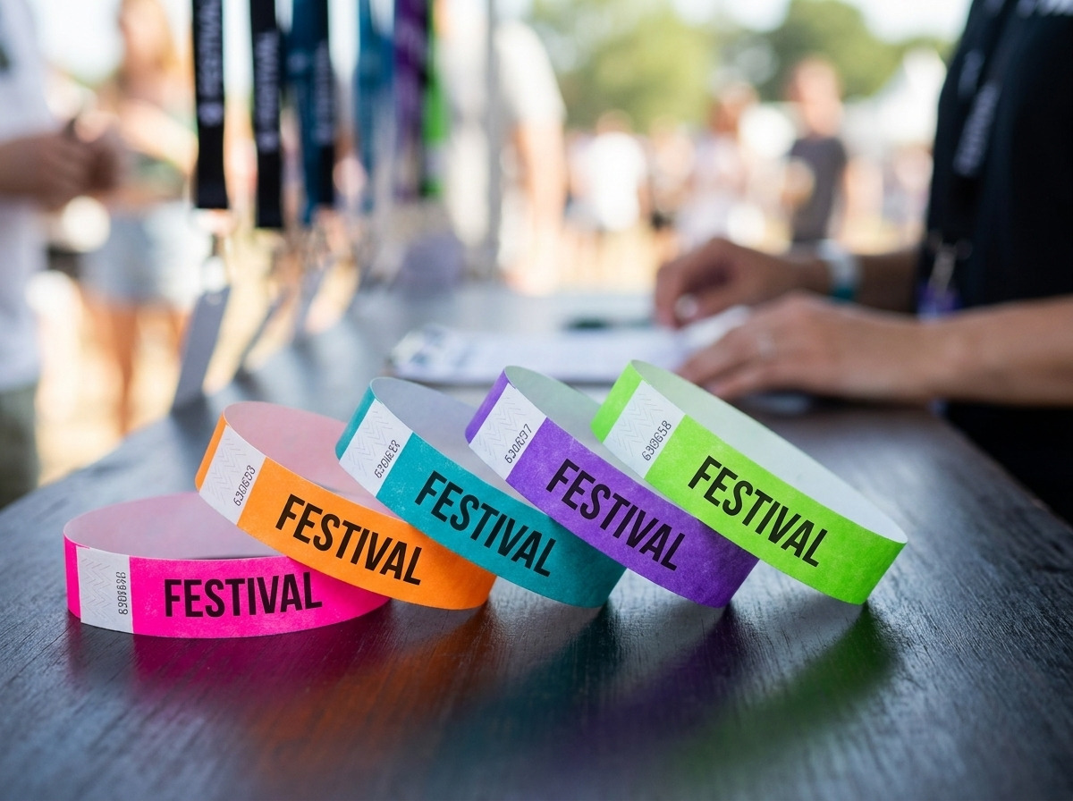 Bracelets festival personnalisés en Tyvek multicolores avec impression HD et fermeture anti-transfert, posés sur une table de régie événementielle
