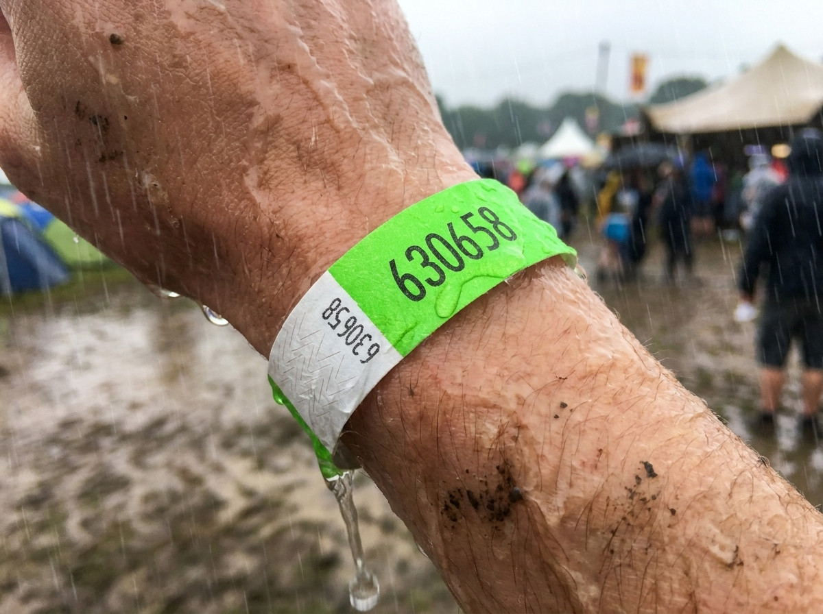 Gros plan sur un bracelet personnalisé porté au poignet lors d'un festival multi-jour sous la pluie, restant intact et lisible