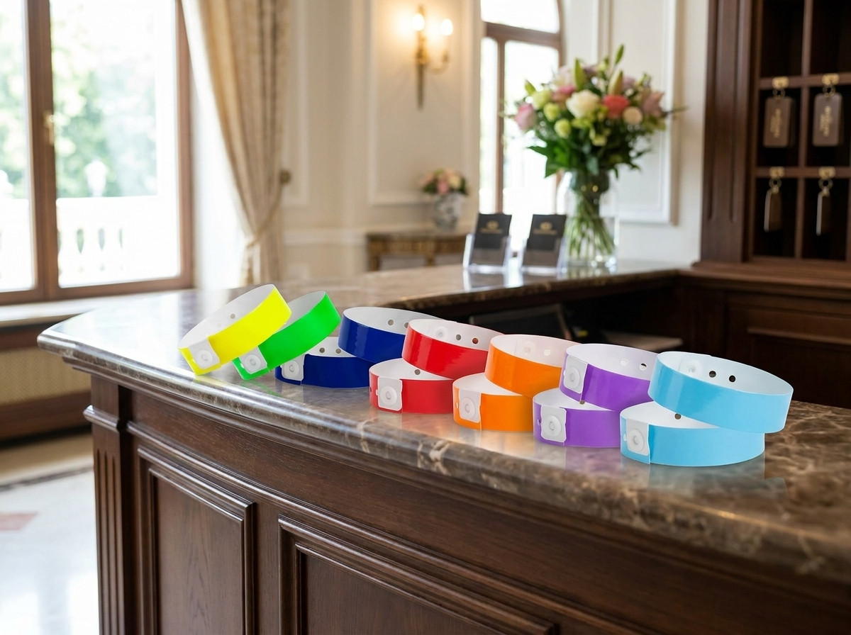 Bracelets all-inclusive colorés disposés sur un comptoir de réception hôtelière, chaque couleur représentant une formule de séjour différente