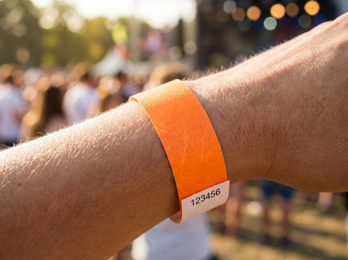 Bracelet d'identification médicale imprimé avec nom, date de naissance et code-barres, porté au poignet d'un patient hospitalisé