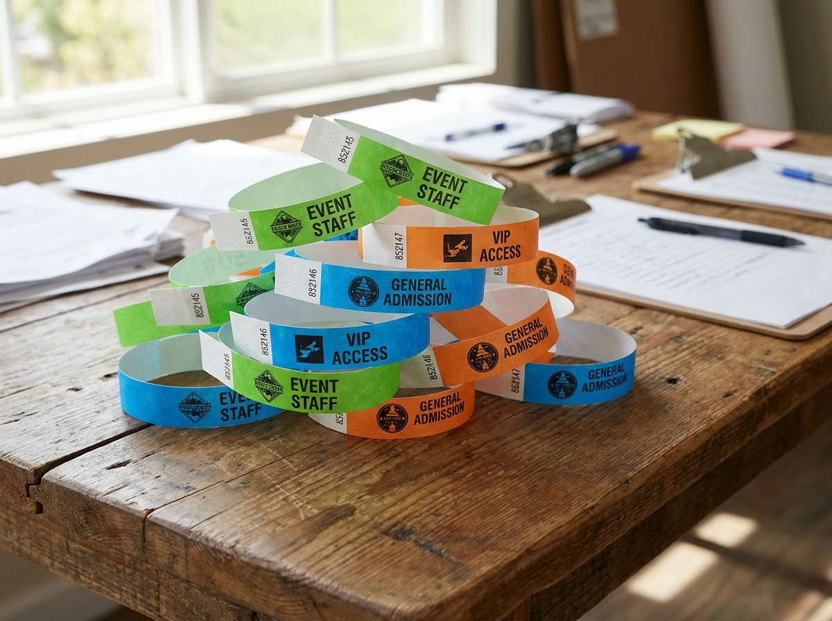Bracelets Tyvek personnalisés avec logo et numérotation préparés pour un festival ou séminaire d'entreprise