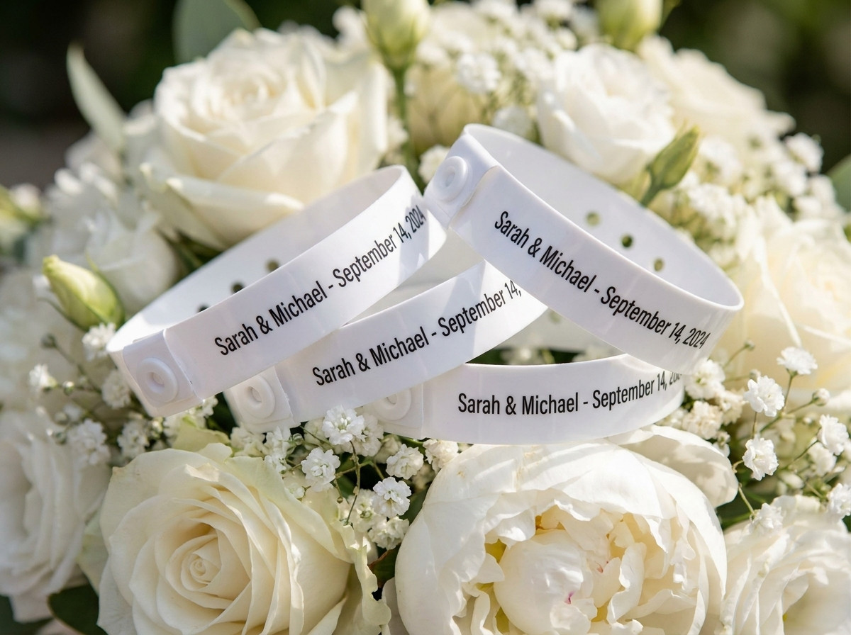 Bracelets mariage cérémonie personnalisés blanc avec prénoms des mariés et date imprimés en dorure, posés sur un bouquet de fleurs blanches