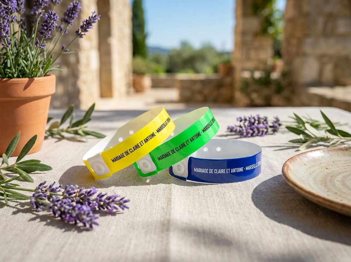 Bracelets mariage personnalisés posés sur une table de réception provençale près de Marseille