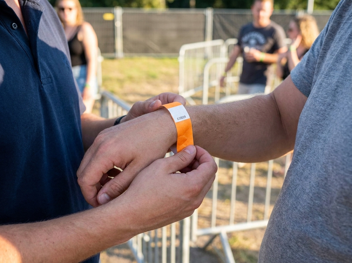 Personnel d'accueil d'un festival posant un bracelet identification numéroté au poignet d'un participant à l'entrée