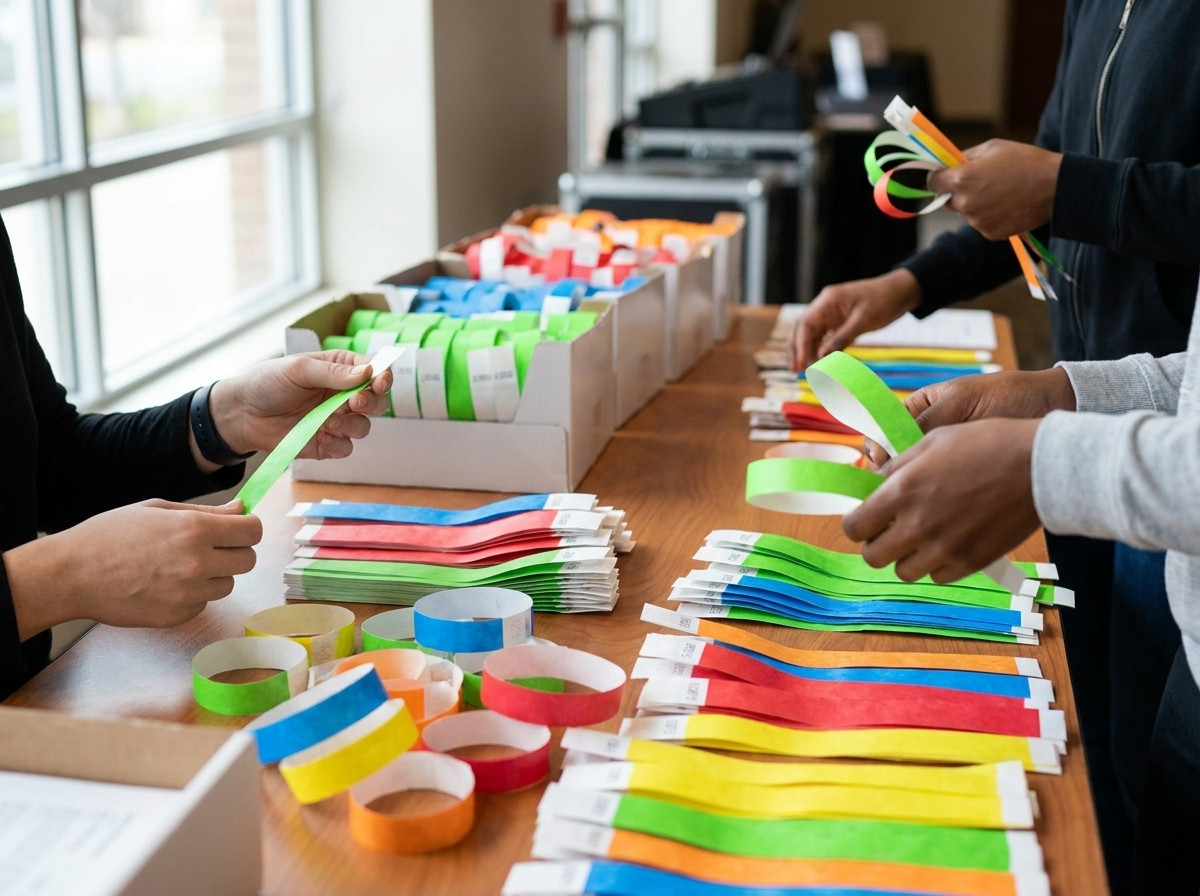 Table de triage à l'entrée d'un événement local avec des bracelets en papier de différentes couleurs disposés en rouleaux