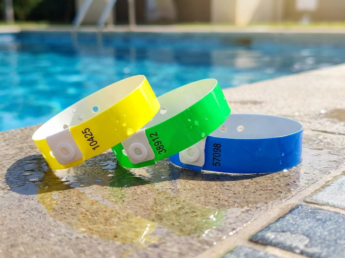 Bracelets vinyl PVC personnalisés pour abonnement piscine, affichant numéro d'abonné et QR code, posés sur le bord d'un bassin