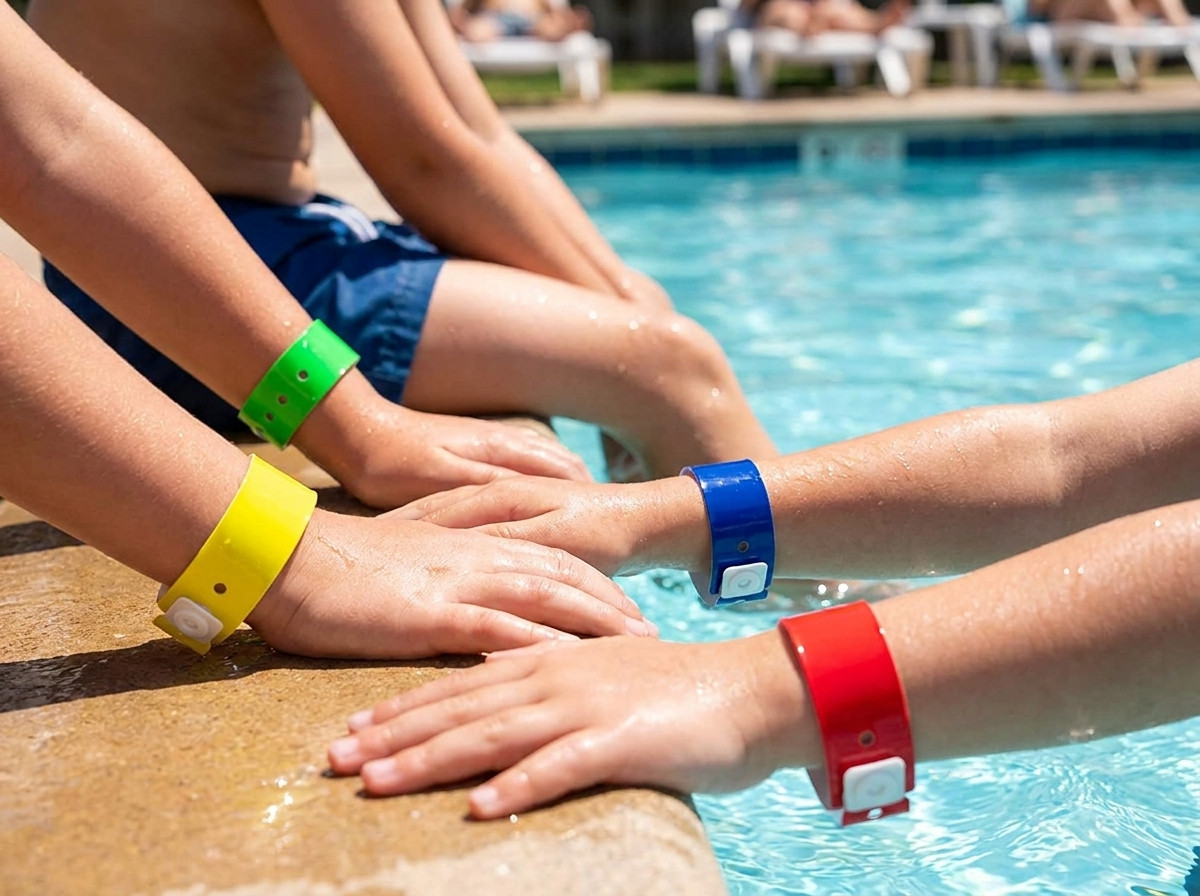 Bracelets vinyle colorés jaune vert bleu rouge portés par des enfants au bord d'une piscine intérieure lors d'un cours de natation