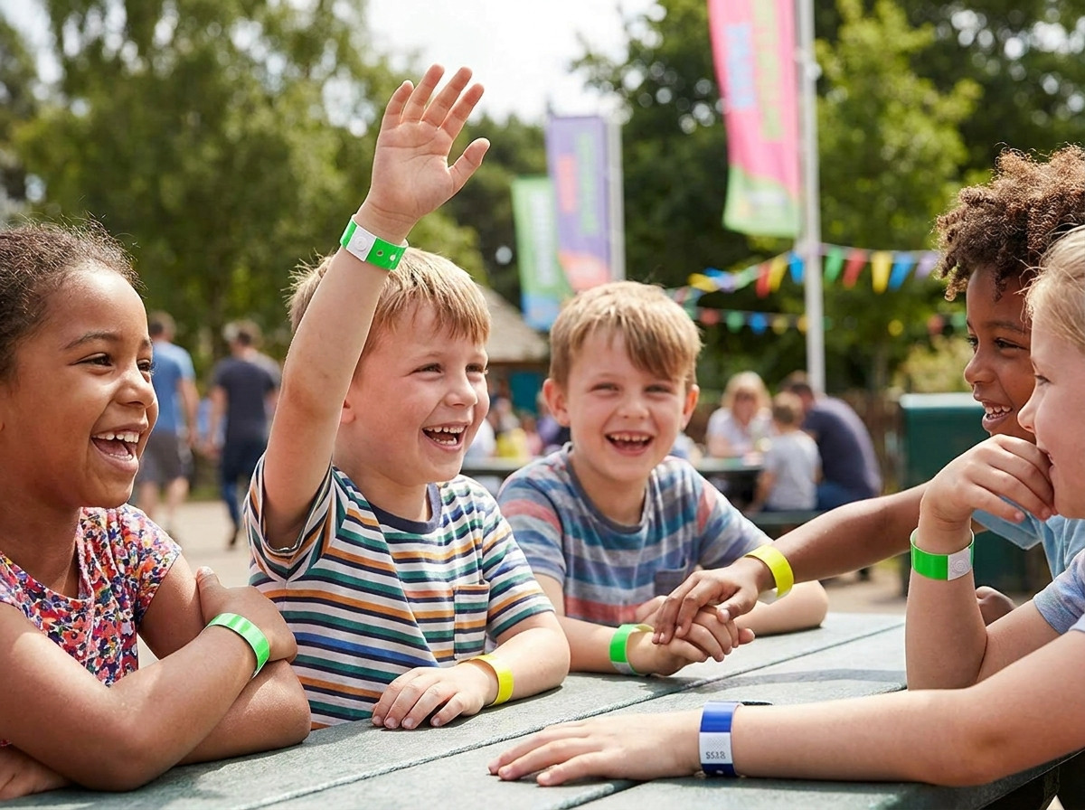Enfants portant des bracelets vinyle colorés à l'entrée d'un toboggan dans un grand parc aquatique ensoleillé