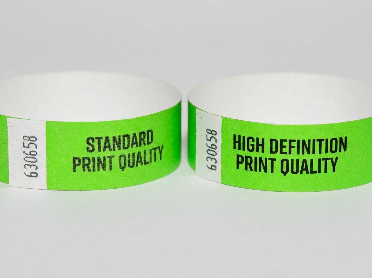 Comparaison côte à côte d'un bracelet Tyvek et d'un bracelet identification, chacun portant un QR code imprimé en haute définition avec design événementiel coloré