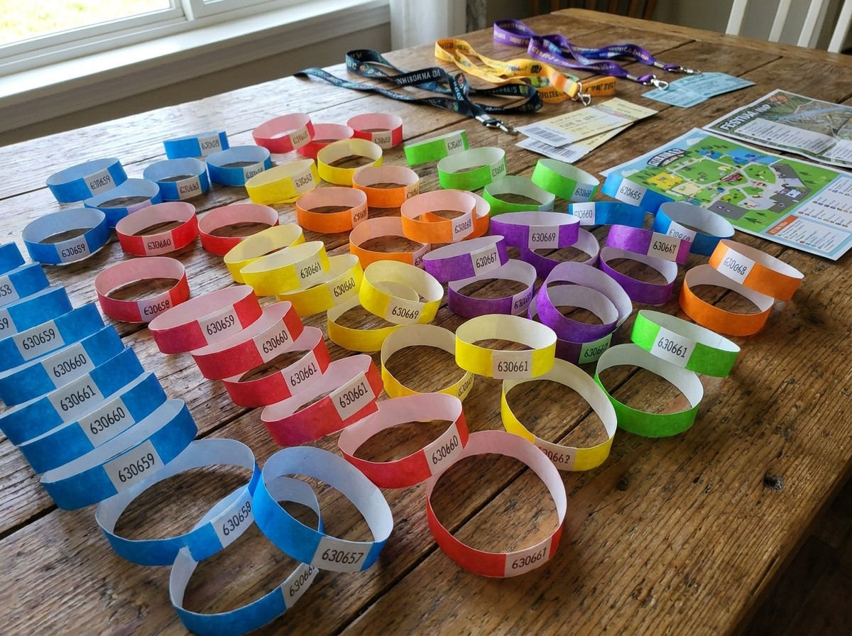 Bracelets sécurité anti-transfert colorés préparés pour un grand festival, montrant les fermetures inviolables et la numérotation séquentielle imprimée