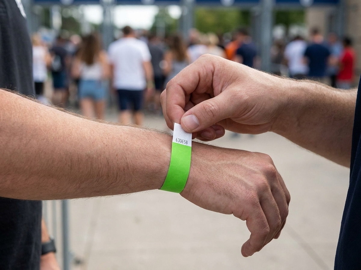 Agent de sécurité contrôlant des bracelets anti-transfert à l'entrée d'un grand festival en plein air, foule visible en arrière-plan