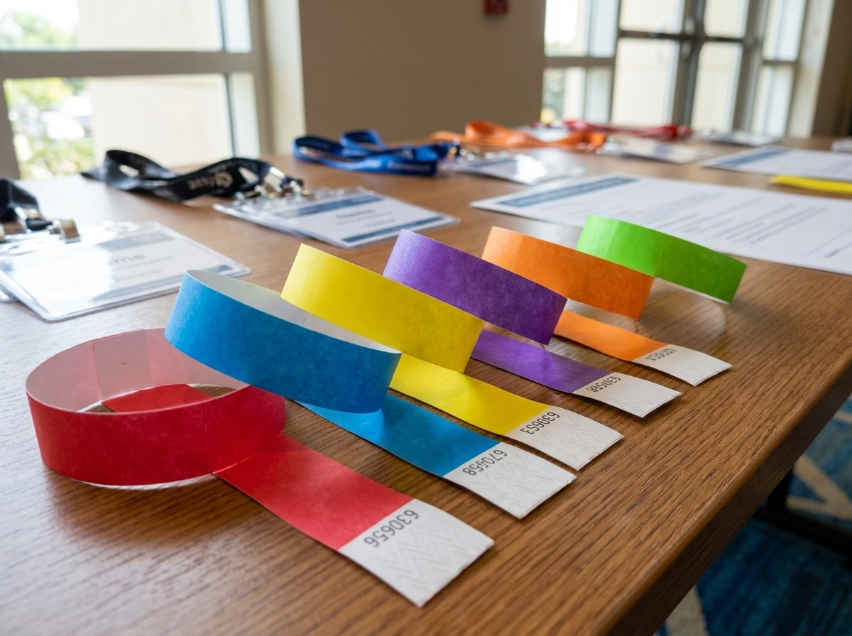 bracelets identification personnalisés disposés sur une table de badge lors d'un congrès professionnel multi-jours, avec logos et codes couleurs distincts par type de pass