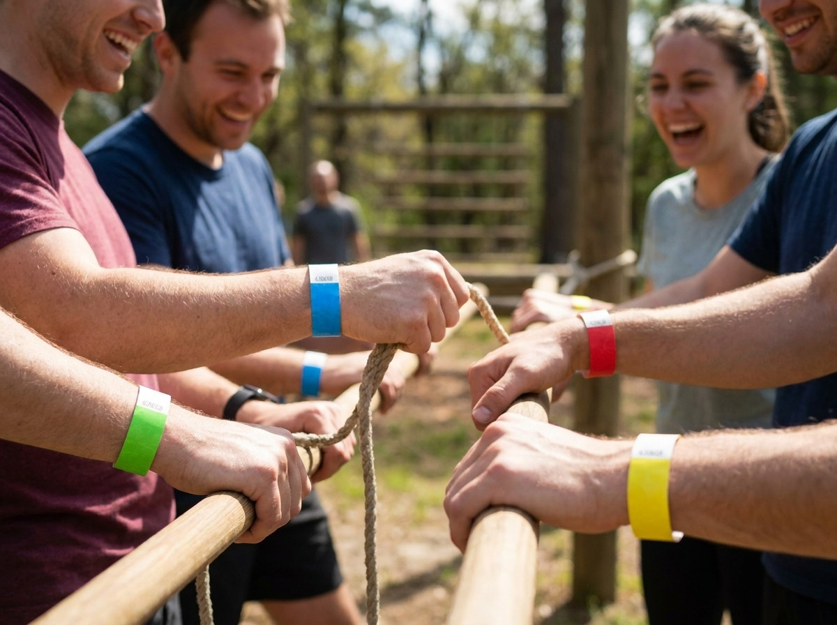 Bracelets team building colorés portés par des participants lors d'une activité en plein air, chaque couleur représentant une équipe différente