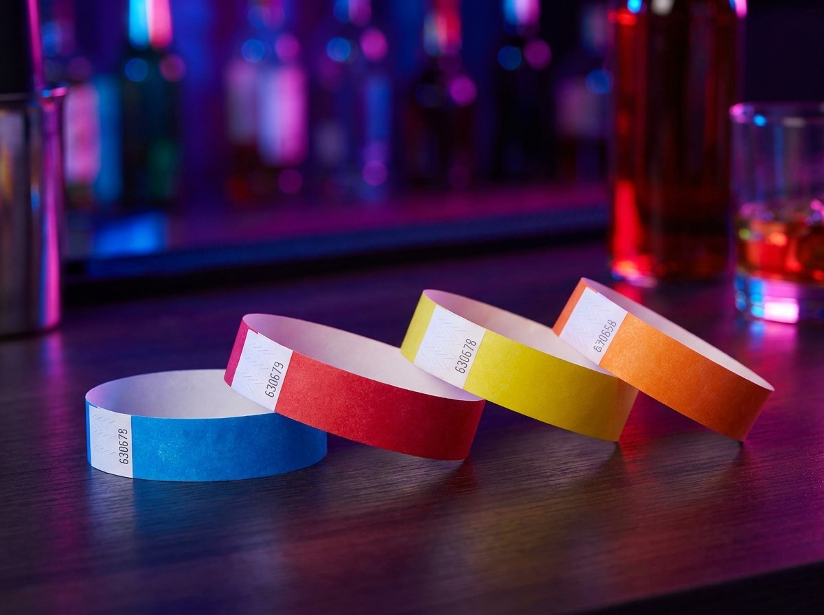 Bracelets vinyle PVC colorés pour accès VIP dans une boîte de nuit, disposés sur un comptoir bar avec lumières ambiantes