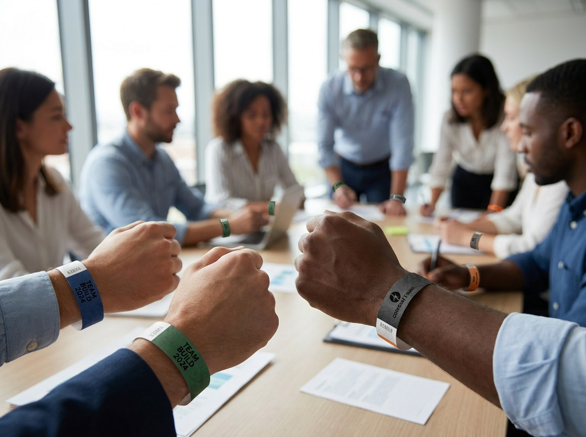 bracelets identification personnalisés aux couleurs d'une entreprise, portés par des participants lors d'un événement team building en intérieur