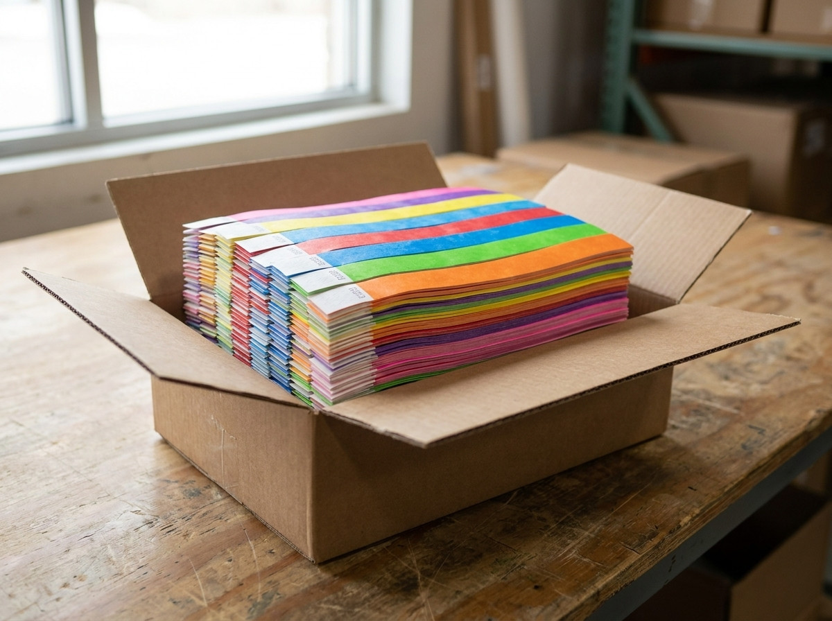 Pile de bracelets Tyvek colorés prêts à expédier dans un carton d'emballage DHL Express