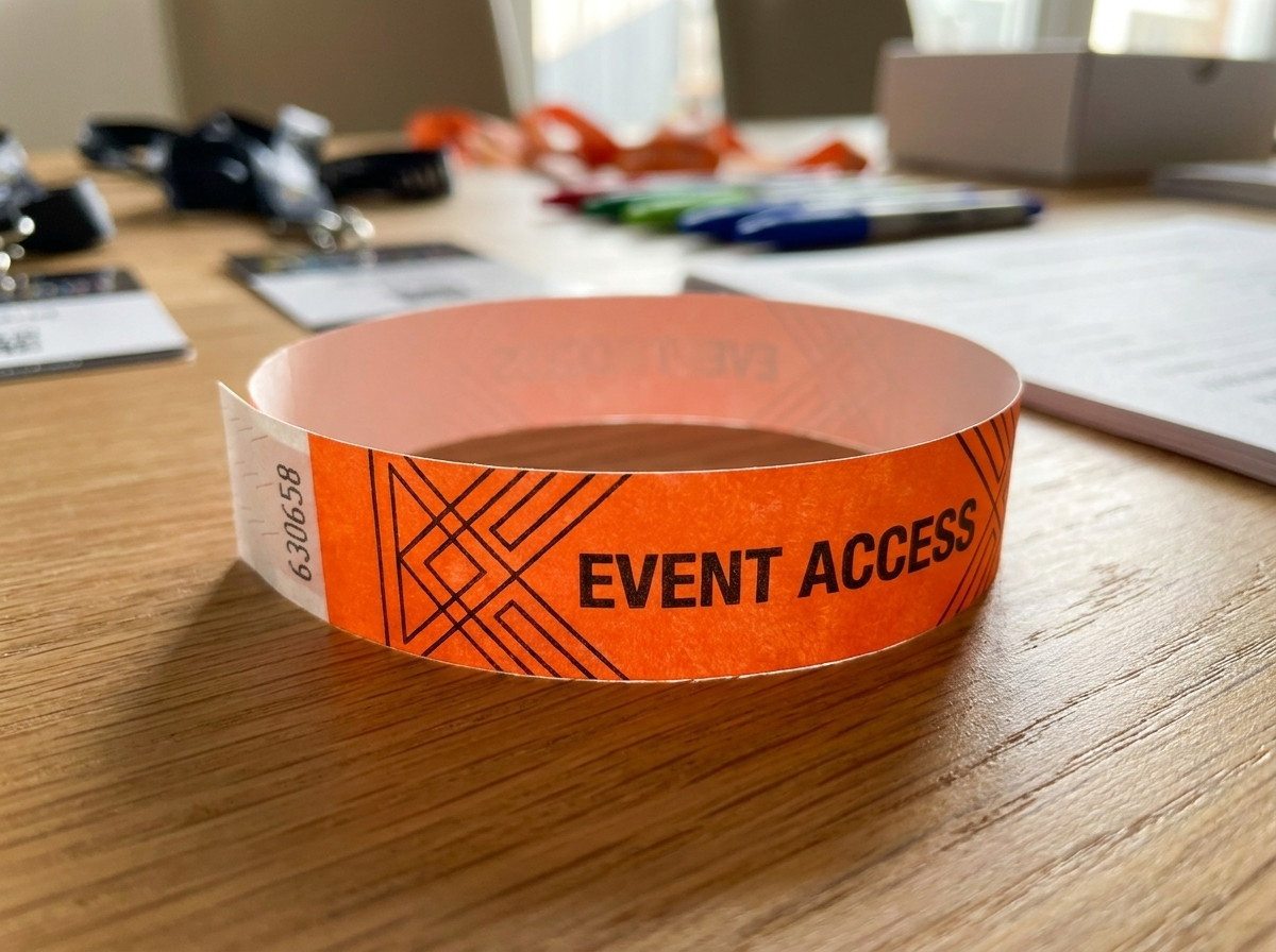Gros plan sur un bracelet Tyvek coloré avec impression HD sur une table de matériel événementiel