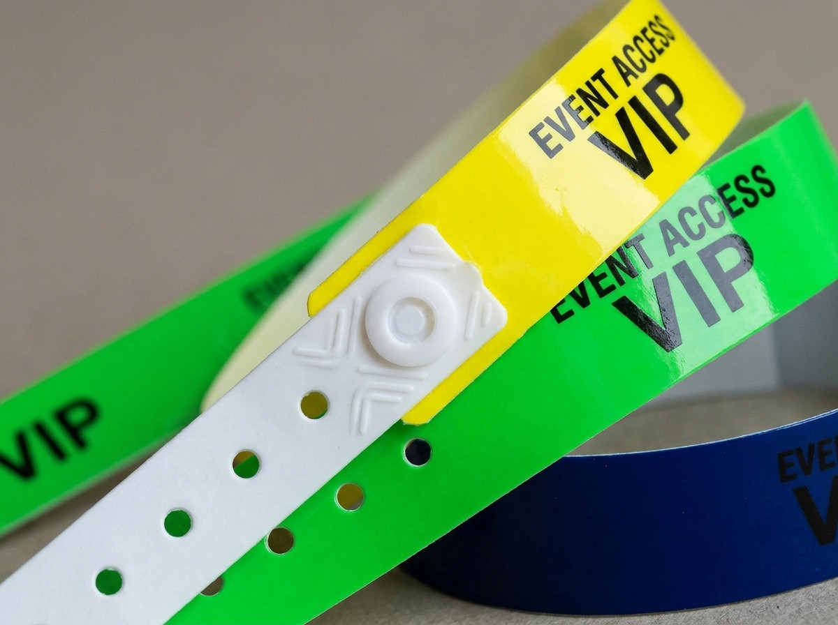 Bracelets vinyle PVC colorés avec fermeture à pression, illustrant le matériau plastique résistant