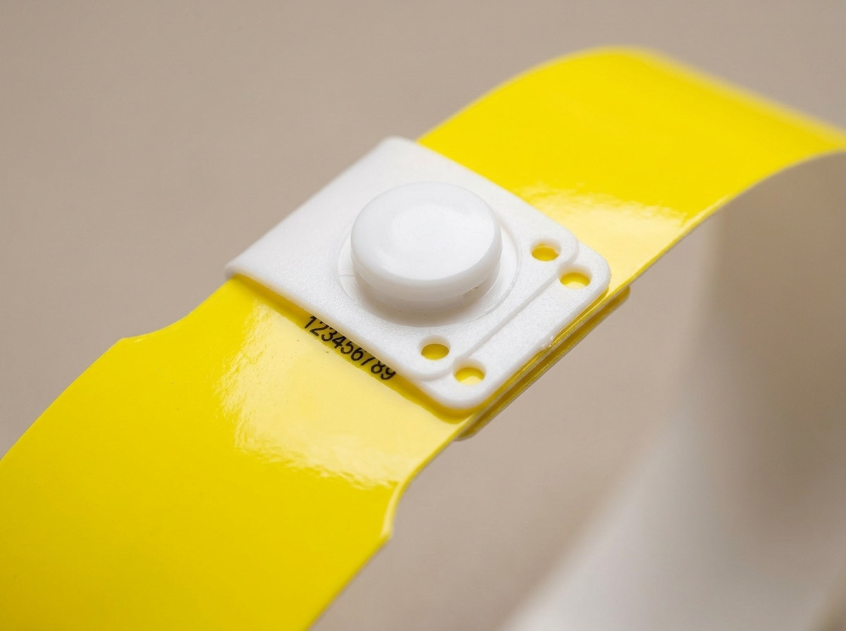Gros plan sur un bracelet en plastique avec fermeture à pression, matériau rigide et résistant